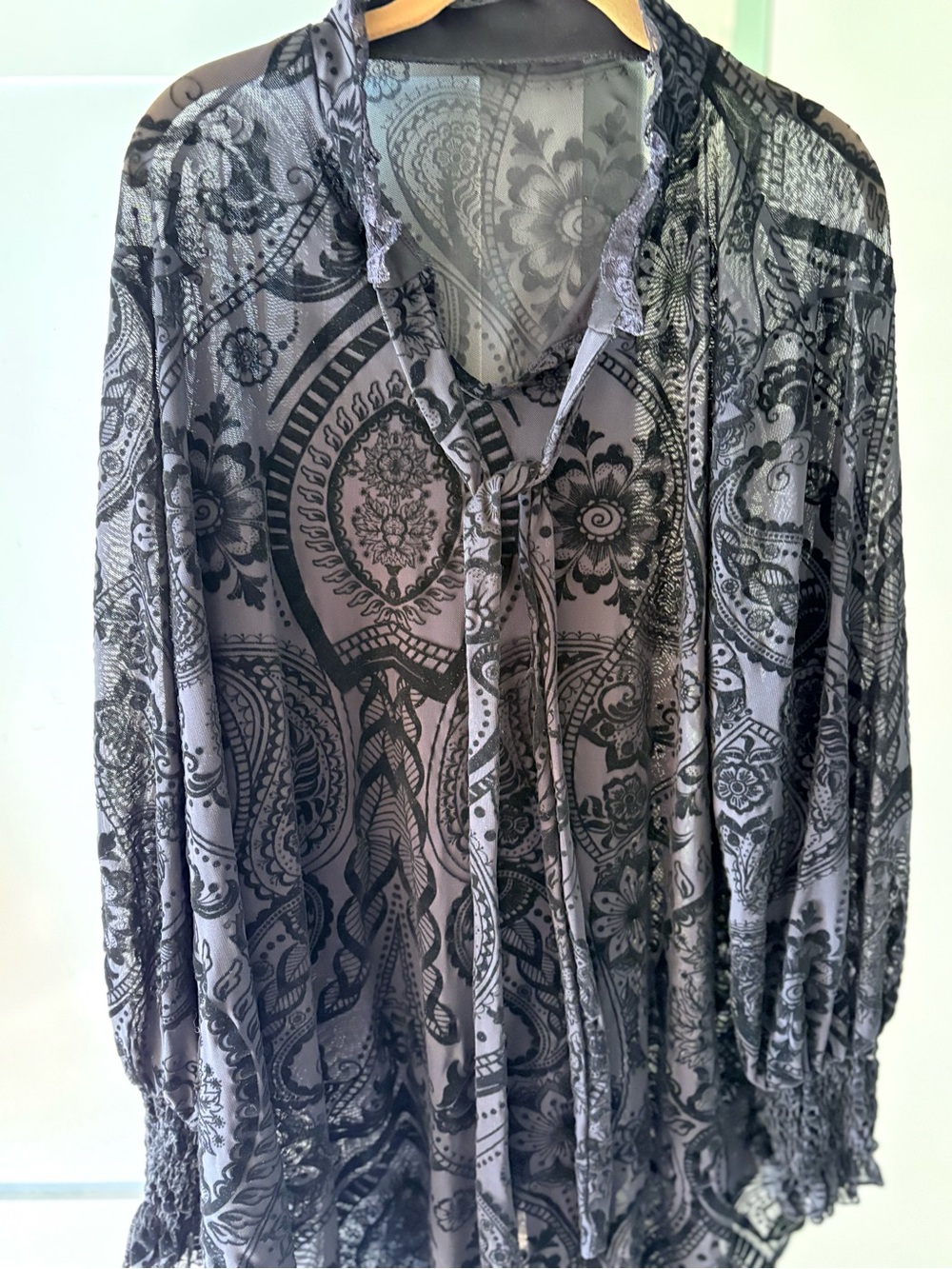 Women’s Paisley Tie-Neck Blouse in Gray and Black